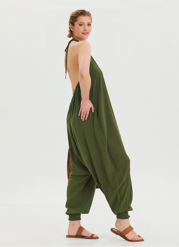 Khaki Bohemian Jumpsuit with Elasticated Legs and Tied Neck 4483